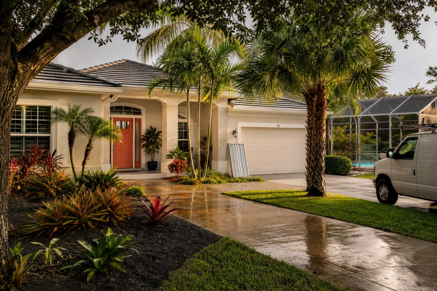 A well-prepared Florida home with tropical landscaping, shutters and a screened pool