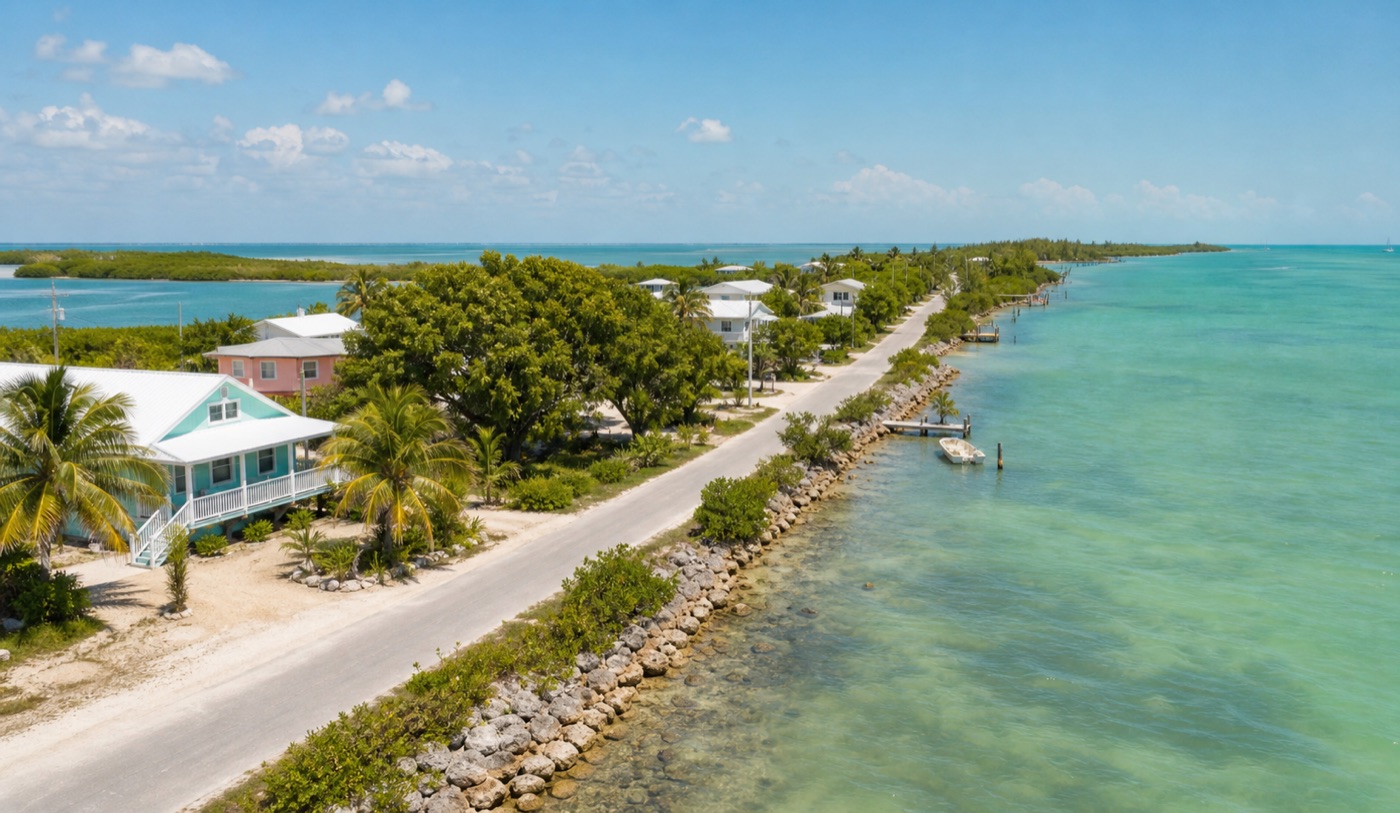 Pastel homes and turquoise channels in the Florida Keys