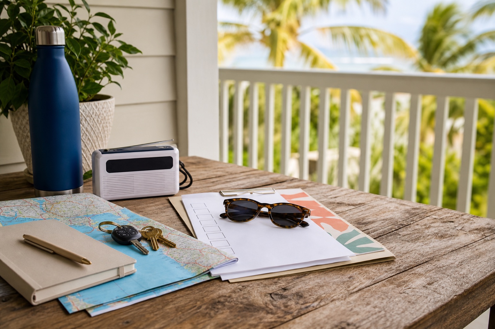Florida moving plan with keys, map and hurricane-preparedness essentials